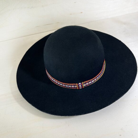 Black 100% Wool Wide Brim Hat Women's World Market Southwestern Band - Picture 4 of 6
